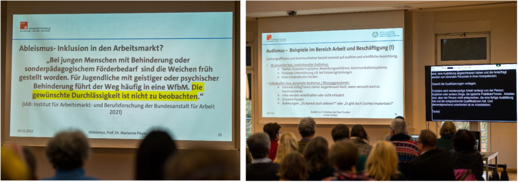 Zwei Fotos, die jeweils Ausschnitte des Vortrages von Prof. Dr. em. Marianne Pieper zeigen.